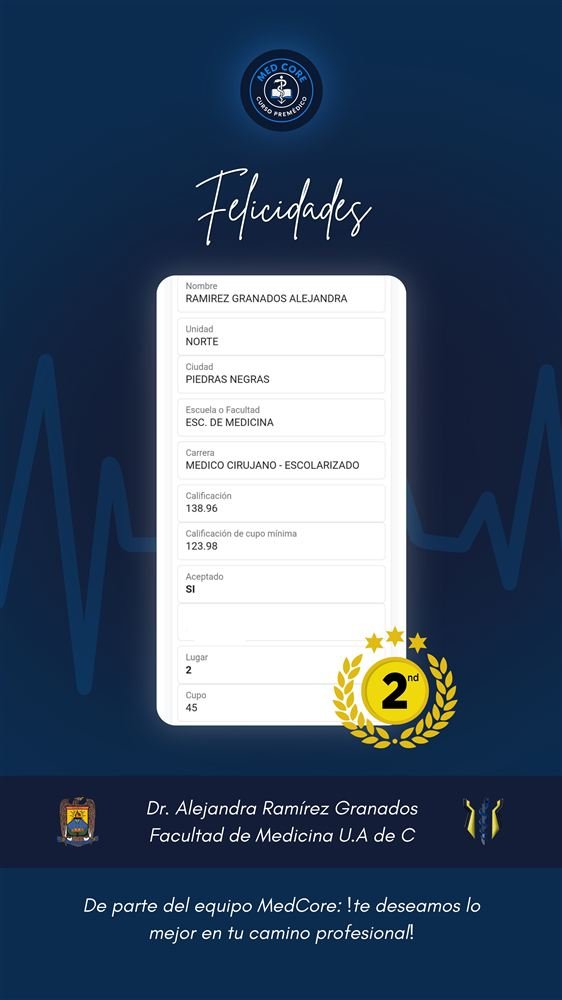 Comprobante de admisión de Alejandra Ramírez Granados, Facultad de Medicina UAdeC Piedras Negras, 2do lugar