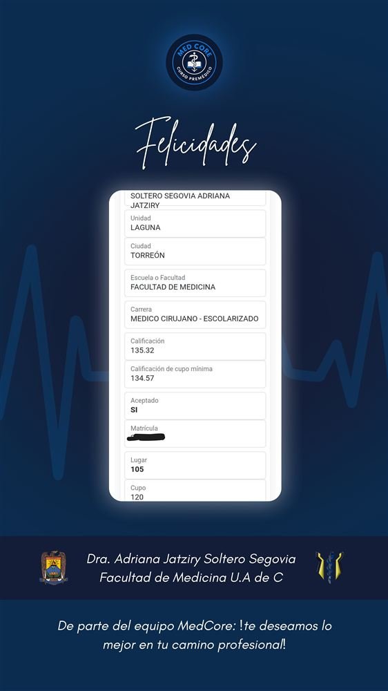 Comprobante de admisión de Alma Gabriela Arredondo Chavira, Facultad de Medicina UAdeC, 5to lugar