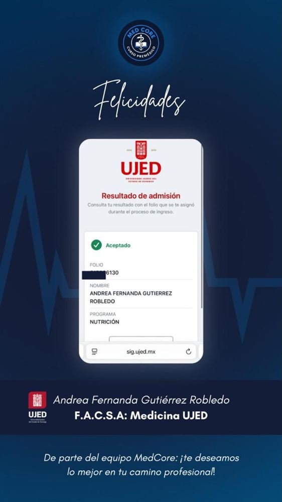 Comprobante de admisión de Andrea Fernanda Gutiérrez Robledo, UJED